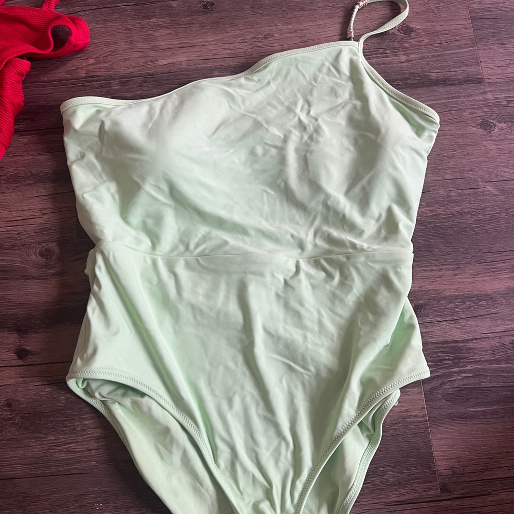 Aerie Light Green One-Shoulder Swim One Piece